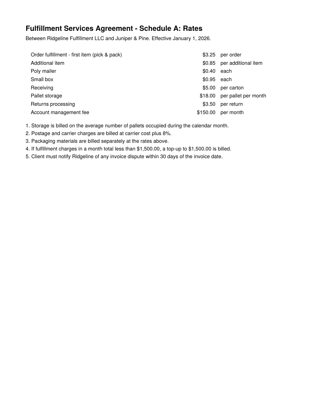 First page of the rate card